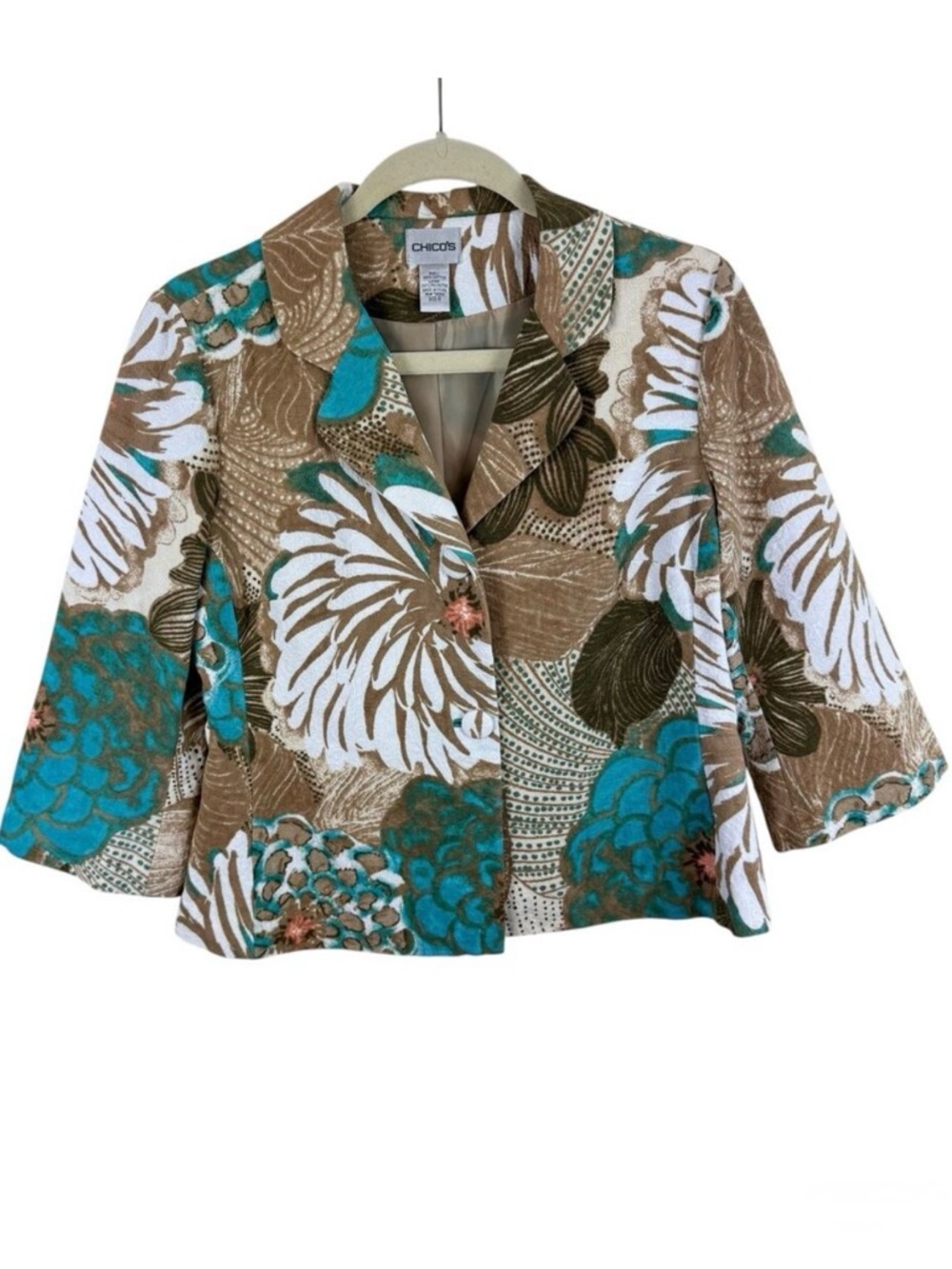 Chico's 100% Cotton Colorful Tapestry Floral Collared Blazer Jacket Womens Small